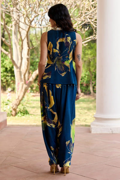 DiyaRajvvir Navy blue floral print embroidered dhoti set DIYAJUN26D147217