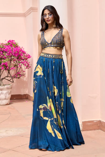 DiyaRajvvir Navy blue floral print embroidered lehenga set DIYAJUN26D147219