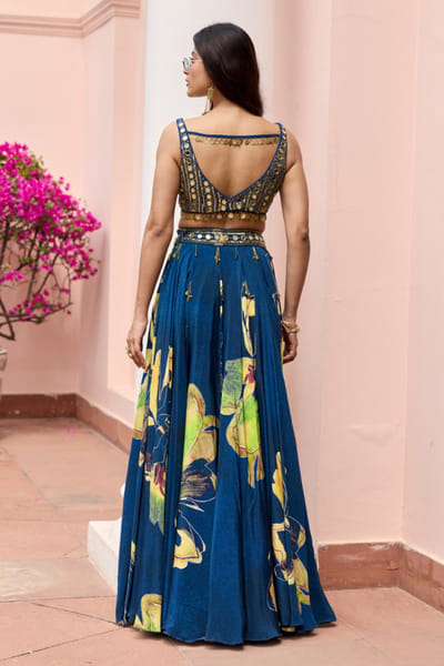 DiyaRajvvir Navy blue floral print embroidered lehenga set DIYAJUN26D147219