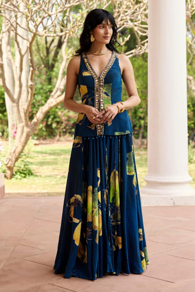 DiyaRajvvir Blue floral print embroidered lehenga set DIYAJUN26D147220