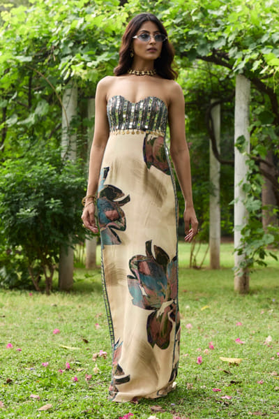 DiyaRajvvir Beige floral print embroidered dress DIYAJUN26D147225