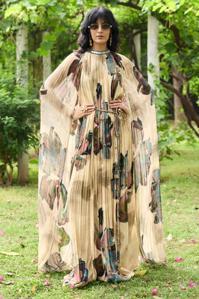DiyaRajvvir Beige floral printed and belted maxi dress DIYAJUN26D147226