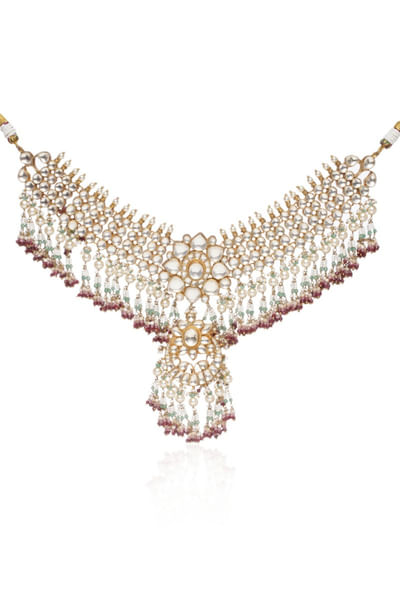 Red and green kundan embellished necklace set