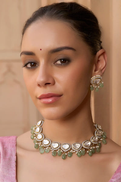 Green and white polki embellished choker set