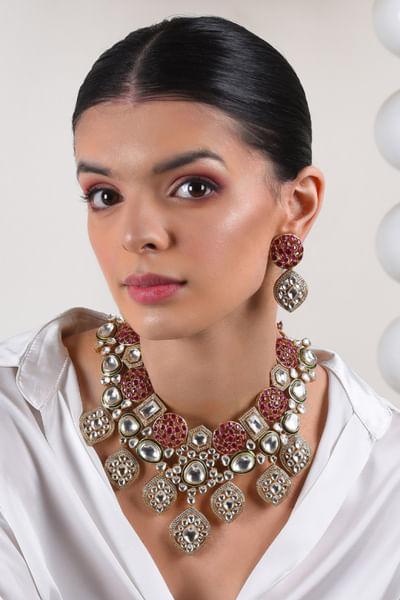 Red and white polki embellished necklace set