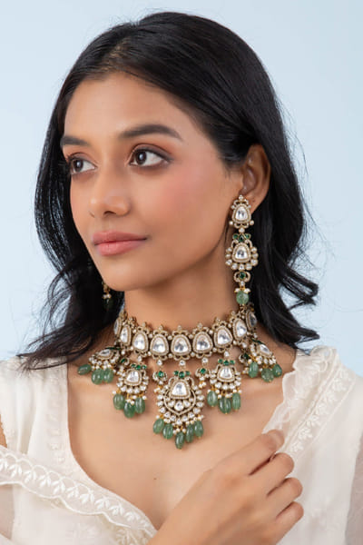 White and green polki embellished necklace set