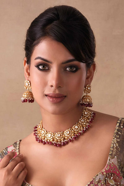 Ruby and gold moissanite necklace set