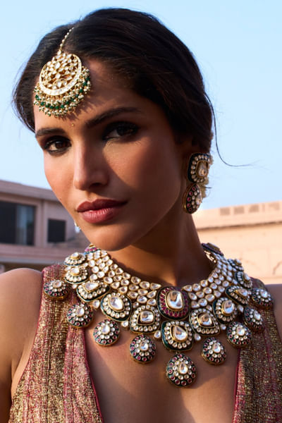 Red and green polki embellished necklace set