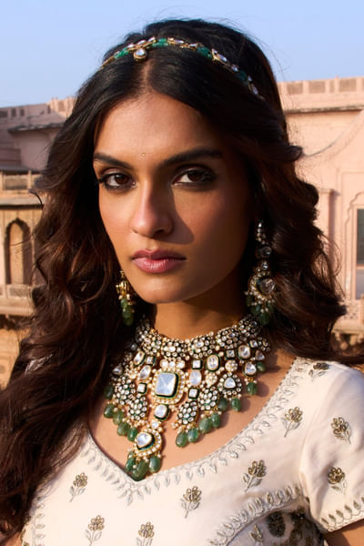 Green polki embellished necklace set