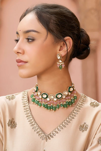 Pink and green polki choker set