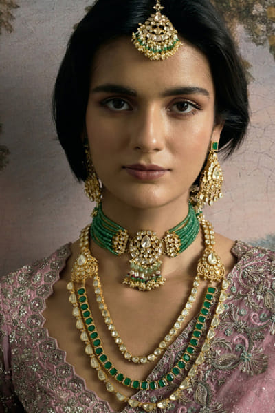 Preeti Mohan Green moissanite gold plated necklace set PREEJUN26D148265