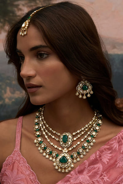 Preeti Mohan Green polki stone encrusted necklace set PREEJUN26D148266