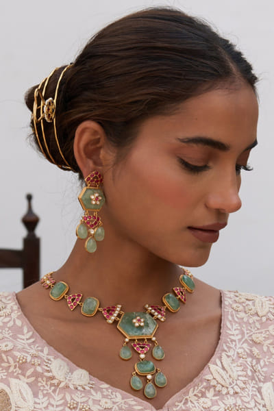 Preeti Mohan Red and green stone encrusted necklace set PREEJUN26D148267