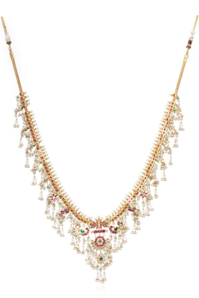 Red and green long kundan necklace set