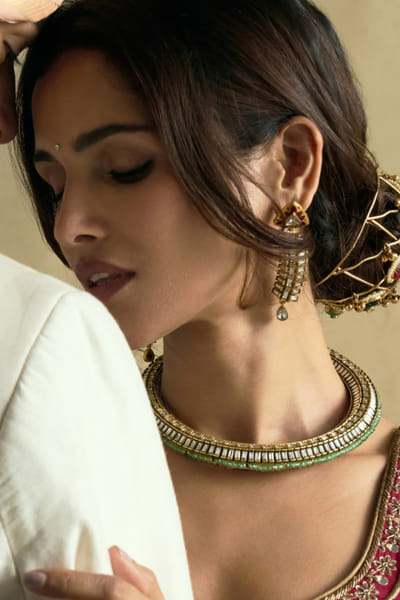 Preeti Mohan Green stone encrusted kundan necklace set PREEJUN26D148272