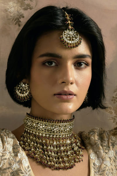 Preeti Mohan Ruby red stone encrusted kundan necklace set PREEJUN26D148283