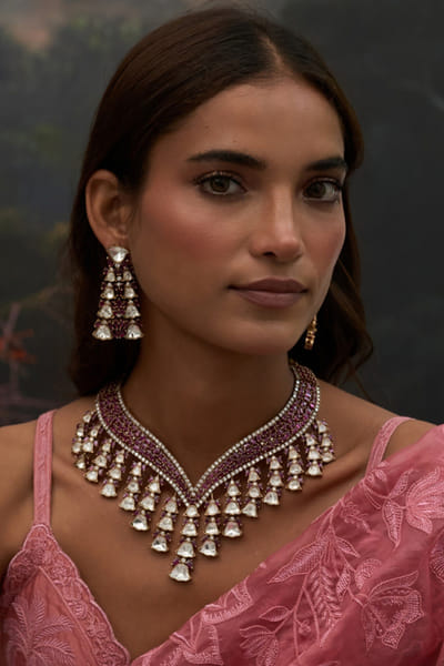 Preeti Mohan Ruby red stone encrusted polki necklace set PREEJUN26D148269
