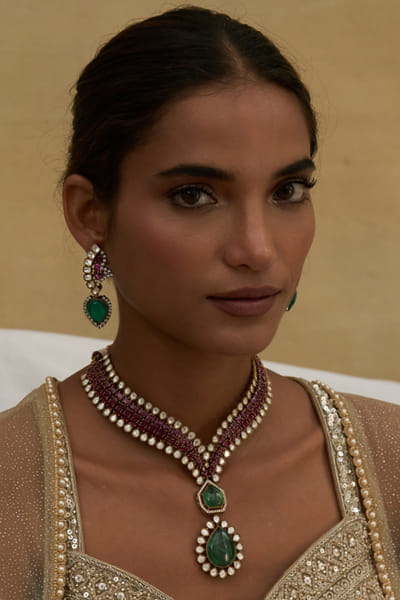 Preeti Mohan Ruby and green stones encrusted necklace set PREEJUN26D148281