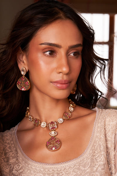 Red and white polki studded long necklace set