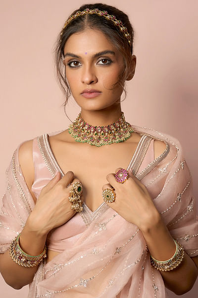Pink and green kundan choker set