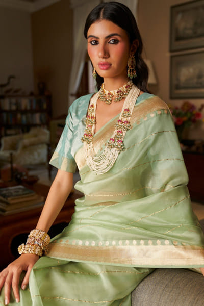 Red and green long kundan embellished necklace