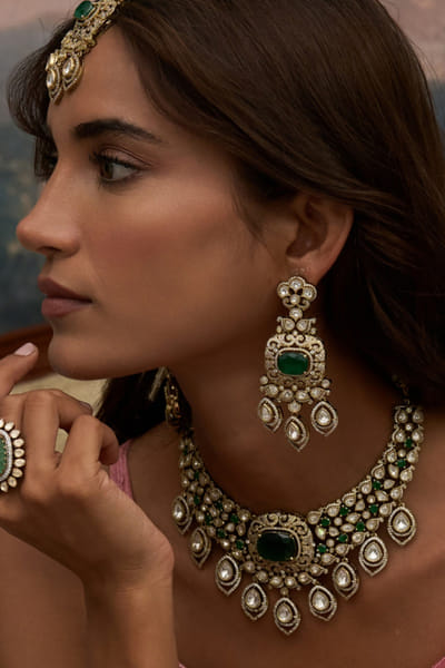 Preeti Mohan Green kundan polki necklace set PREEJUN26D148264