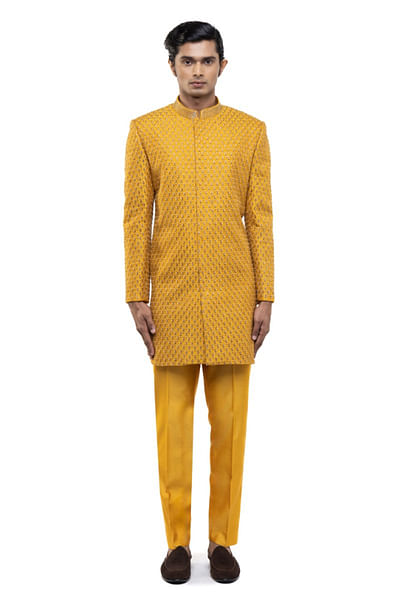 Mustard bead embroidered sherwani set