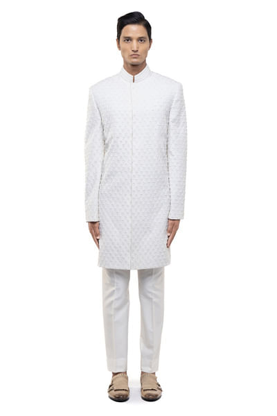 White bead embroidered sherwani set
