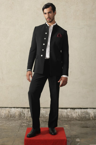 Black viscose polyester bandhgala and pants