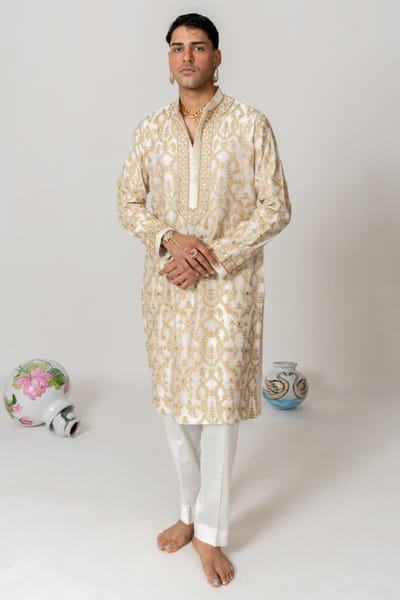 Wabi Sabi Ivory aari and zari hand embroidered kurta set WABIJUN26D145964