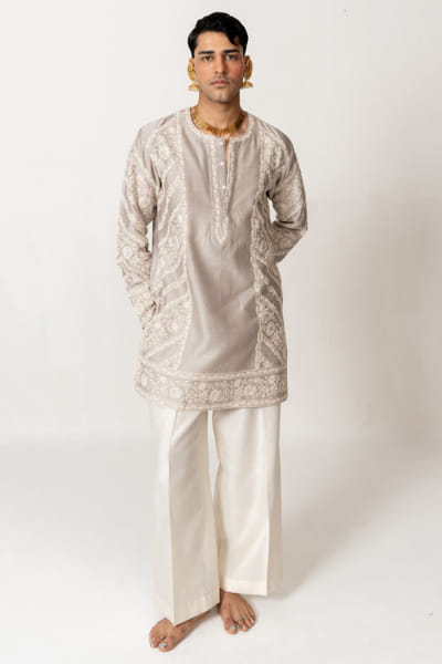 Wabi Sabi Dove grey dori-marodi embroidered kurta set WABIJUN26D145974