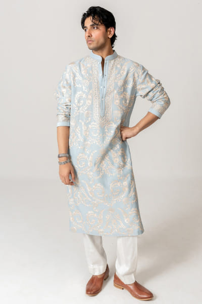Wabi Sabi Powder blue aari embroidered kurta set WABIJUN26D145976