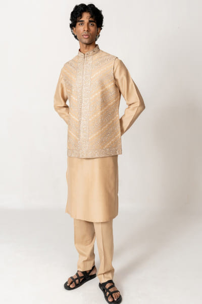 Wabi Sabi Honey beige aari embroidered kurta-bandi set WABIJUN26D145979