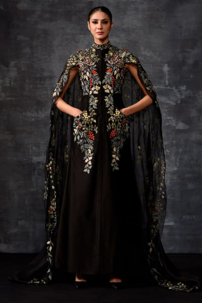 Black floral thread embroidered cape gown