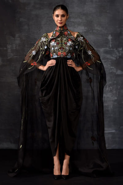 Samant Chauhan Black embroidered cotton silk gown SAMFEB26D139294