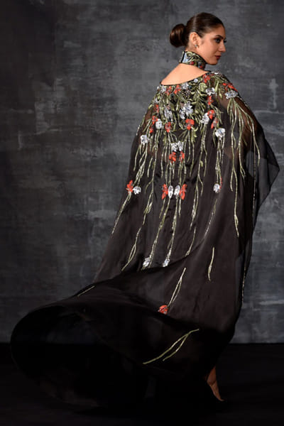 Samant Chauhan Black embroidered cotton silk gown SAMFEB26D139294