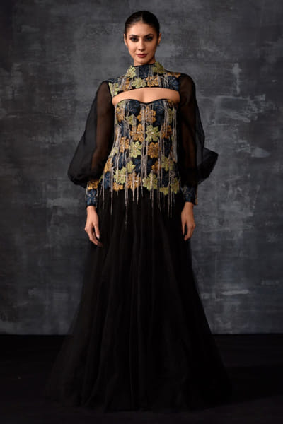 Samant Chauhan Black and gold floral embroidered gown SAMFEB26D139295
