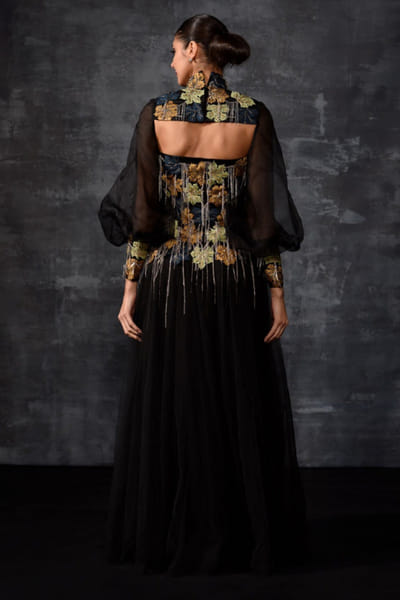 Samant Chauhan Black and gold floral embroidered gown SAMFEB26D139295