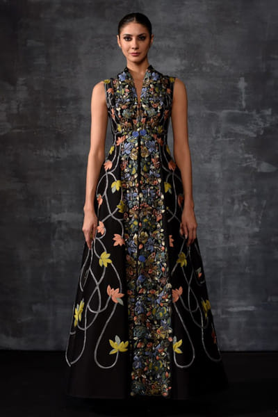 Samant Chauhan Black floral embroidered cotton silk gown SAMFEB26D139297
