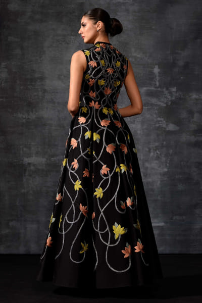Samant Chauhan Black floral embroidered cotton silk gown SAMFEB26D139297