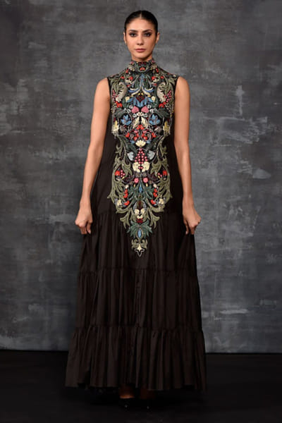 Black embroidered cotton silk maxi dress