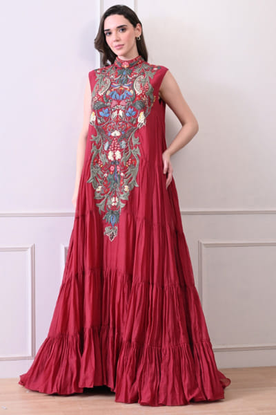 Maroon thread-zardozi embroidered maxi dress