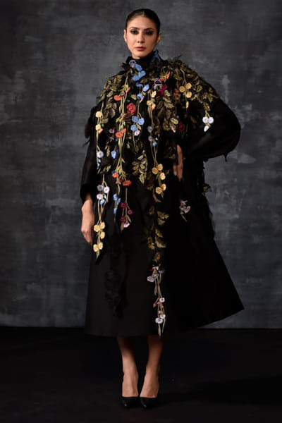 Black 3D floral applique embroidery cape dress