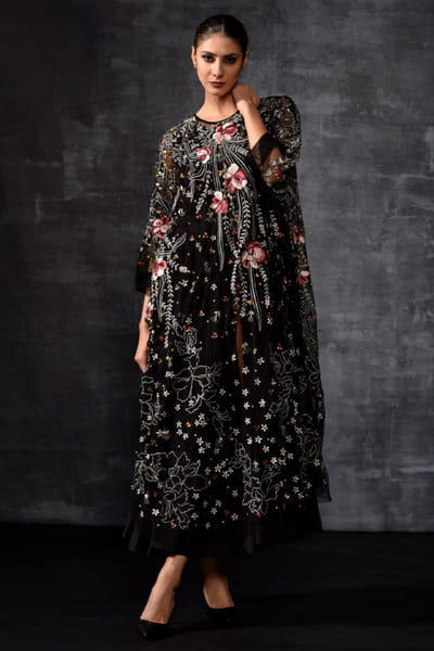 Black and pink floral embroidered dress