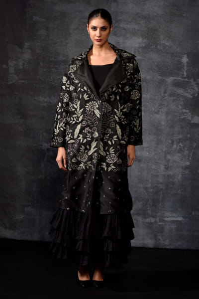 Black floral embroidered jacket and dress set