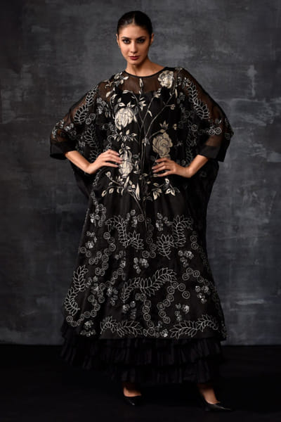 Black floral embroidered organza silk kaftan
