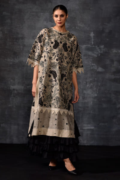 Grey embroidered tunic and ruffled dress set