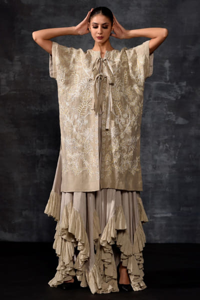 Grey embroidered jacket and ruffled dress set
