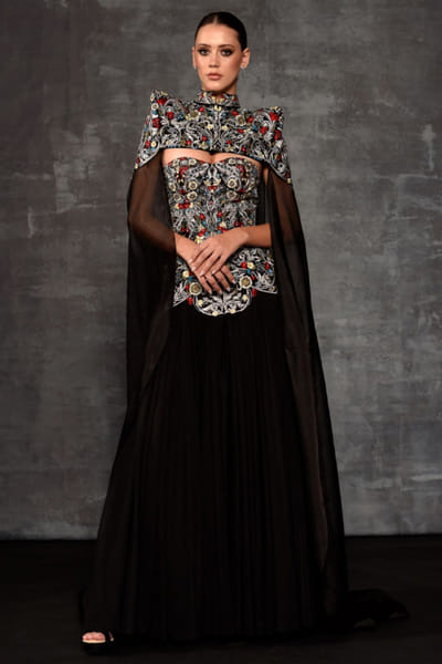 Black floral embroidered gown and cape set