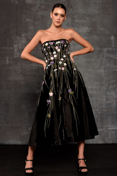 Black floral embroidered velvet dress